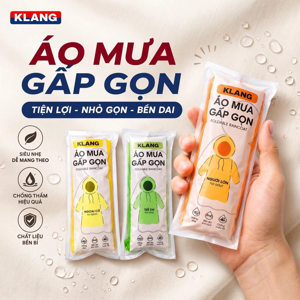 Combo áo mưa bỏ túi gấp gọn Klang mỏng nhẹ, Nhỏ gọn, Chống thấm nước tốt, dễ dàng mang theo và có thể tái sử dụng
