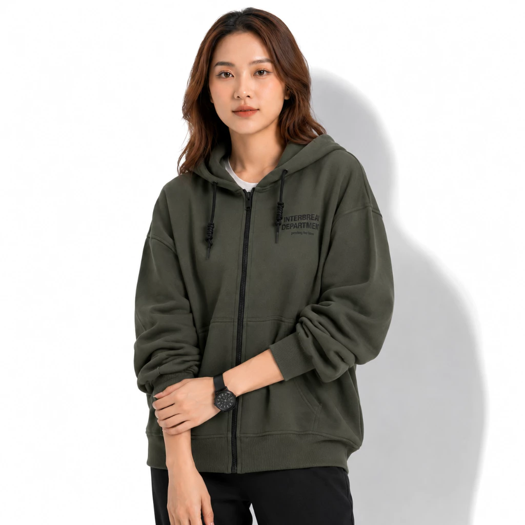 Áo Khoác Hoodie Zip Nữ Interbreak Tay Phồng Nón Rộng 2 Lớp Vải Nỉ Chính Dày Dặn Chống Nắng - FAGU