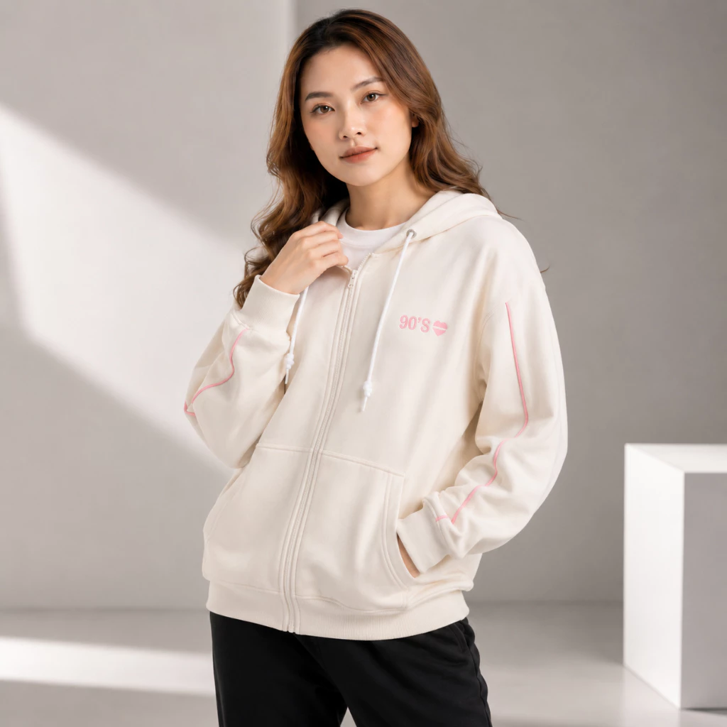 Áo Khoác Hoodie Zip Nữ 90s Tay Phồng Nón Rộng 2 Lớp Vải Nỉ Dày Dặn Chống Nắng - FAGU