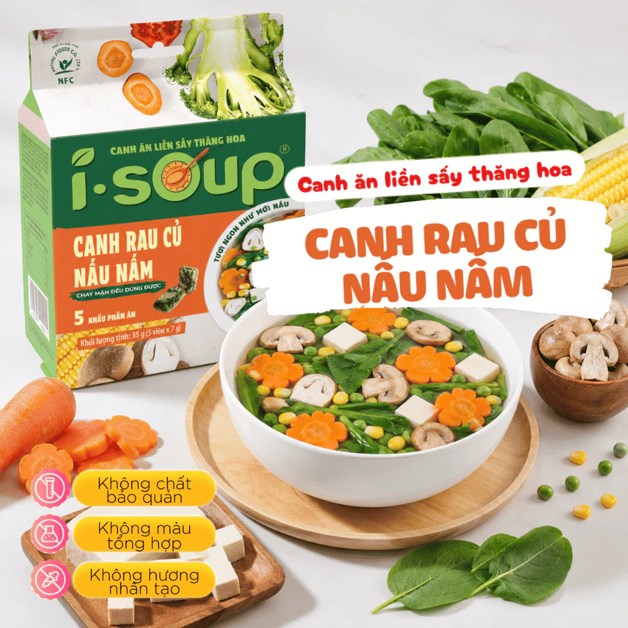 Canh rau củ nấu nấm ăn liền I-Soup (túi 05 viên)- Viên Súp Sấy Thăng Hoa