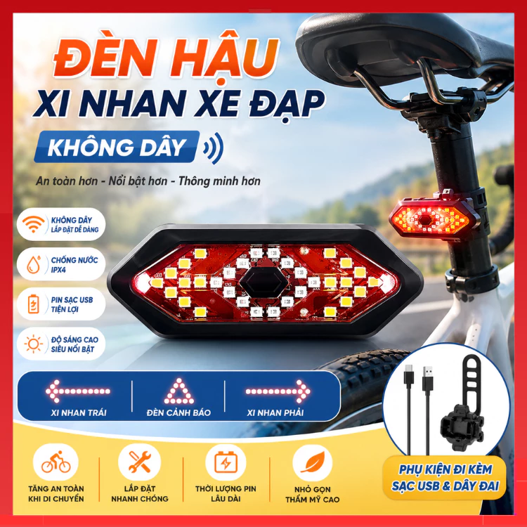 Đèn Xi Nhan Xe Đạp Không Dây, Đèn Hậu Xe Đạp, Đèn Xe Đạp Rẽ Trái Phải Có Điều Khiển Cầm Tay Siêu Nhậy Chống Nước