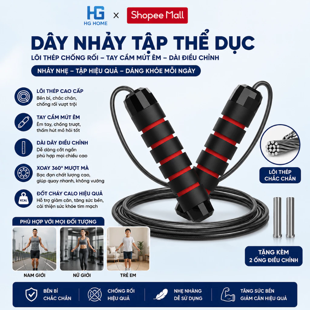Dây Nhảy Tập Thể Dục Lõi Thép Chống Rối – Tay Cầm Mút Êm, Dài Điều Chỉnh