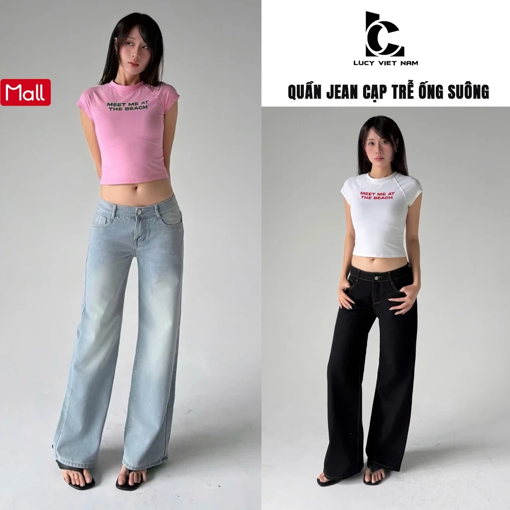 Quần Jean Nữ Cạp Trễ Ống Suông Dài Phủ Giày Xanh Wash AVO AVOCADO Low Rise Straight Leg Jeans