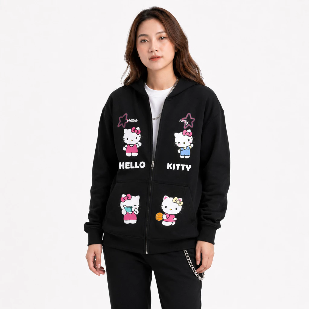 Áo Khoác Hoodie Zip Nữ Hello Kitty Tay Phồng Nón Rộng 2 Lớp Vải Nỉ Chính Dày Dặn Chống Nắng - FAGU