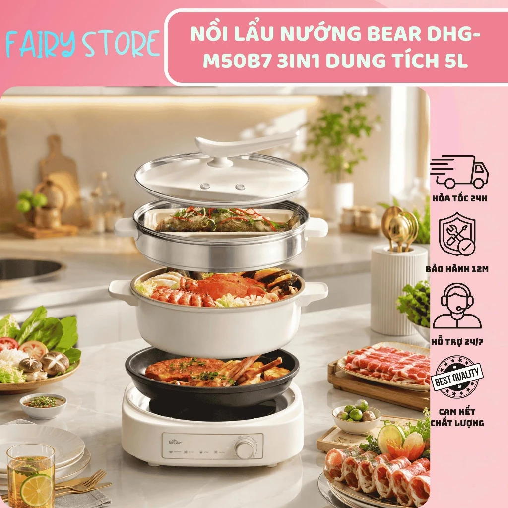 Nồi Lẩu Nướng Bear DHG-M50B7 3in1 Dung Tích 5L Kèm Khay Hấp - Lẩu, Chiên, Nướng, Hấp