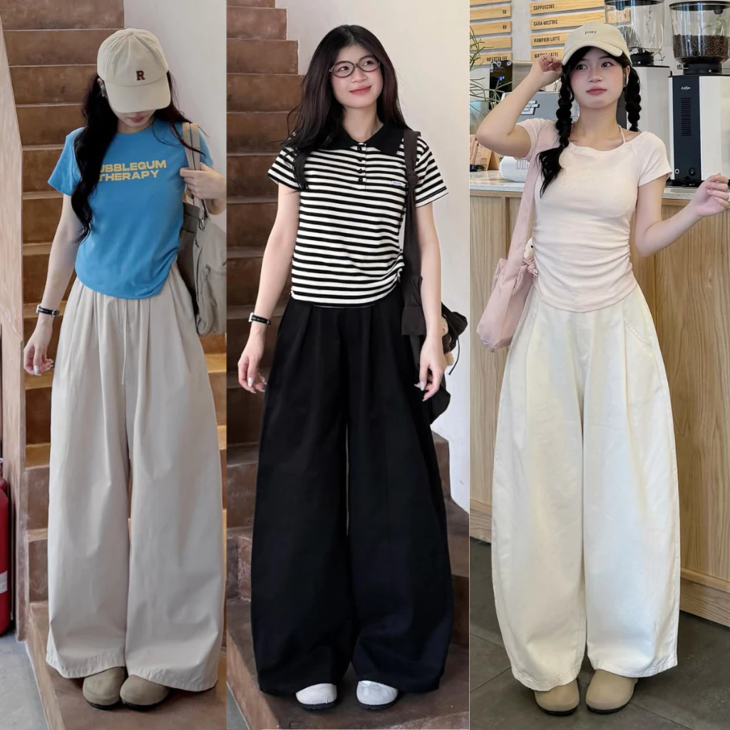 Quần kaki XẾP LY ống rộng MIAA nam nữ lưng cao Nửa Cạp chun phong cách Hàn Quốc trẻ trung