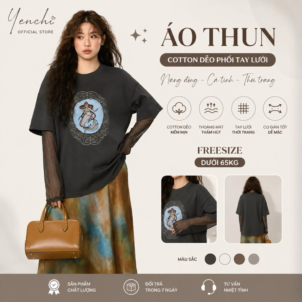 Áo Thun Cotton Dẻo Phối Tay Lưới Nữ. Áo dài tay dáng suông thể thao , năng động, cá tính