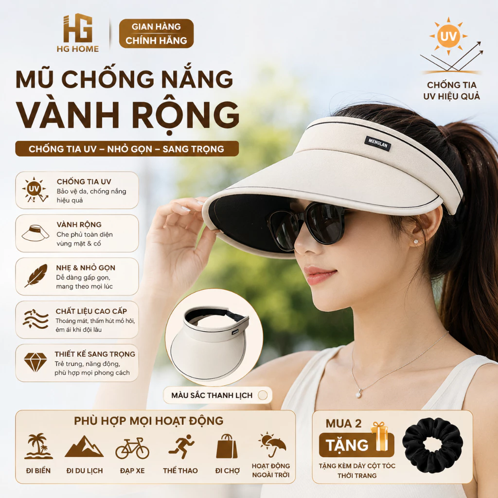 Mũ Chống Nắng Vành Rộng HGHOME Chống Tia UV Thiết Kế Nhỏ Gọn, Sang Trọng, Trẻ Trung, Năng Động