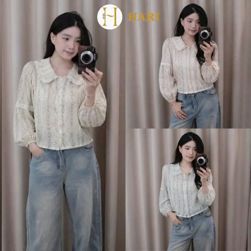 Áo Sơ Mi Nữ Tay Bồng Chất Thô Boi Hoa Dáng Croptop Viền Ren Vintage Thanh Lịch Hari 1620