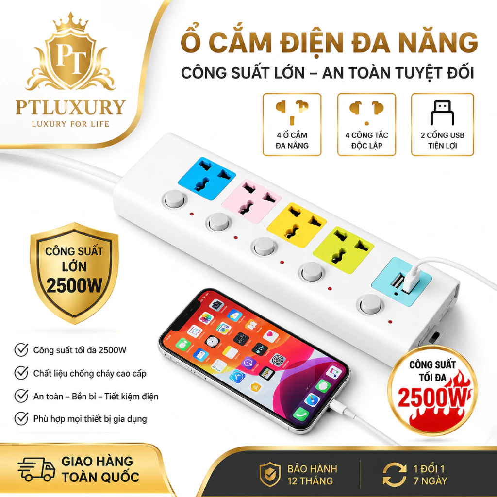 Ổ Cắm Điện Đa Năng 2500W DÀI 1.5M PTLUXURY Cao Cấp Chống Giật