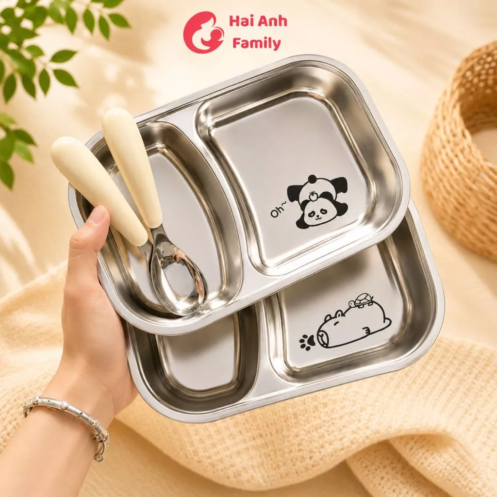 Khay đựng thức ăn 2 ngăn inox 304 kèm thìa cho bé