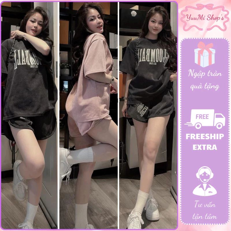 Set đồ nữ áo phông cổ tròn tay lỡ in chữ ngực mix quần short ngắn cạp chun, đồ bộ nữ thể thao form dáng rộng HCOM25365