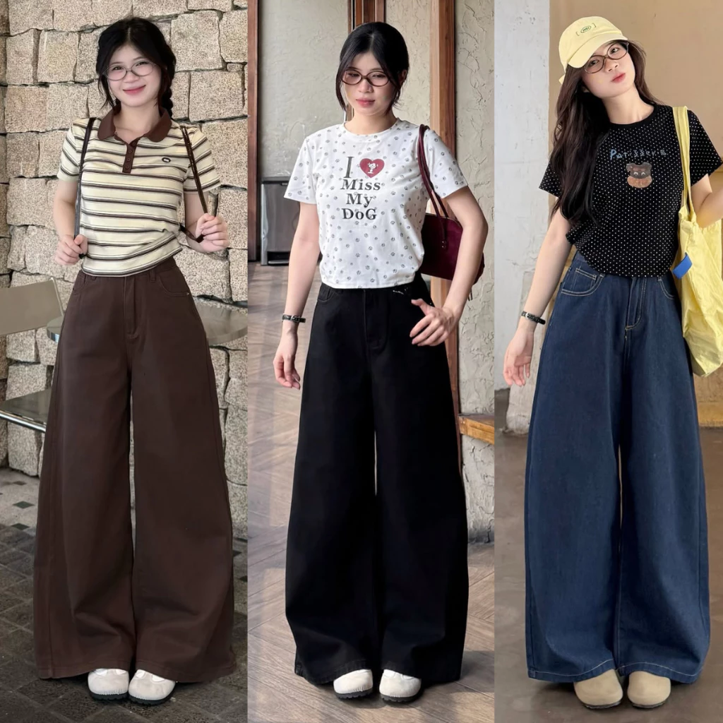 Quần Jean Nữ ống Rộng MIAA Dáng Rộng màu Trắng Nâu choco ống 33cm cạp cao tôn dáng Bigsize
