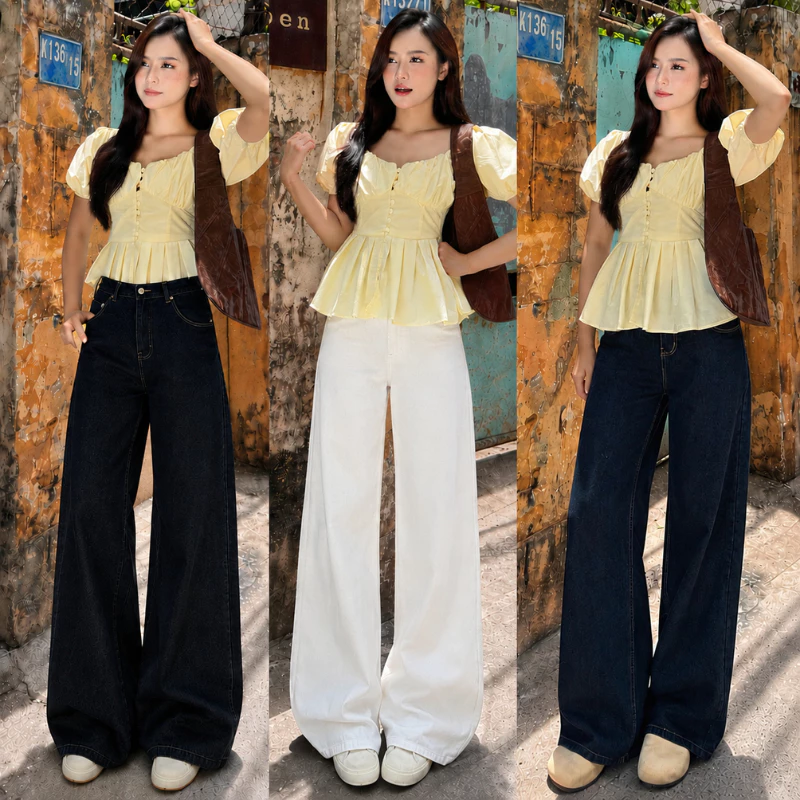 Quần Jean Xanh Than Chỉ Nổi Nam Nữ MIAA Suông Ống Rộng 24-28CM Quần Jean Unisex Bò Mềm Chỉ Nổi Lưng Cao Tôn Dáng
