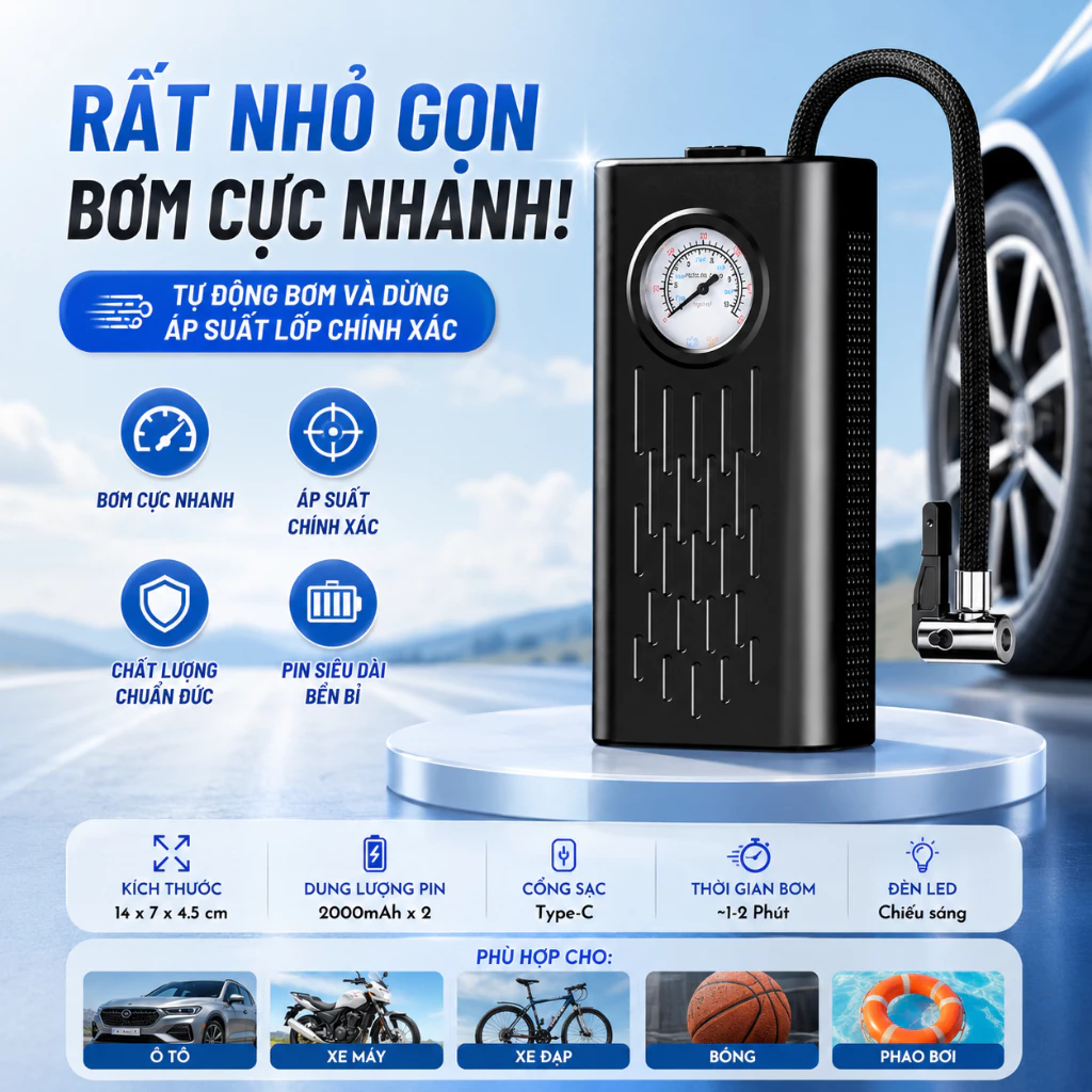 Máy Bơm Lốp Ô Tô Cao Cấp Không Dây Dùng Sạc USB Có Đồng Hồ Hiển Thị Công Suất Lớn - DIDOOGLT