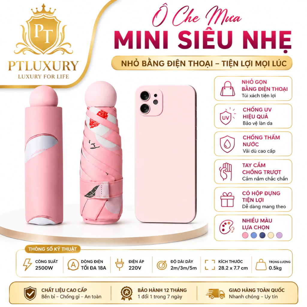 [ TẶNG HỘP ] Ô mini PTLUXURY gấp gọn che mưa nắng bỏ túi chống tia cực tím tia UV cực tốt