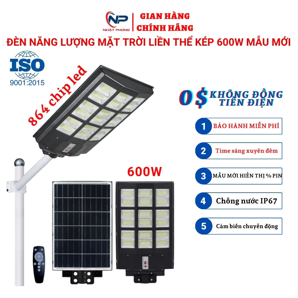 Đèn Năng Lượng Mặt Trời SHOPNHATPHONG Đèn Đường Cao Áp Liền Thể Kép Công Suất Lớn 600W,Cảm Biến Chuyển Động, Điều Khiển