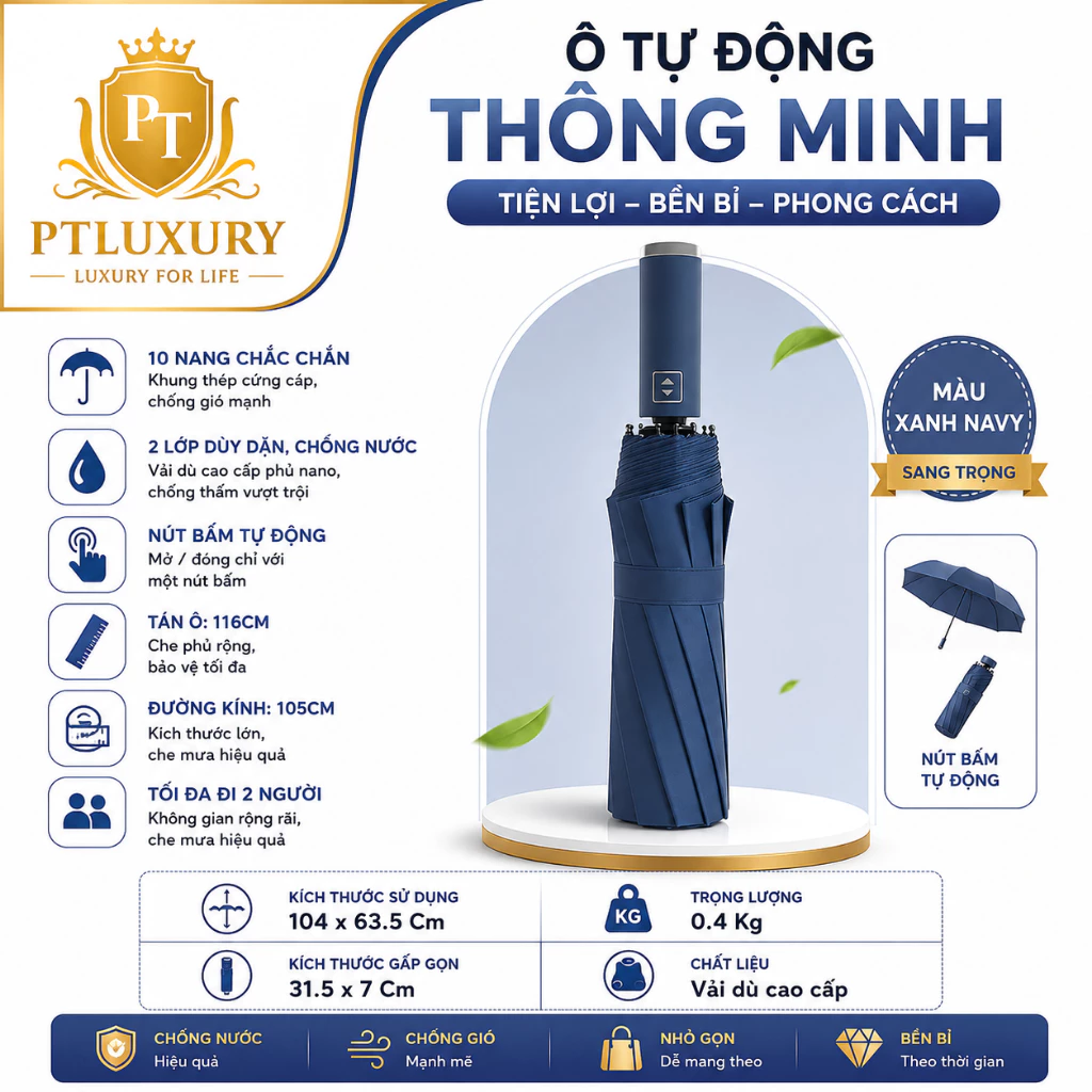 Ô dù PTLUXURY che mưa che nắng 10 nan đóng mở tự động gấp nhỏ gọn [ HÀNG TỐT ]