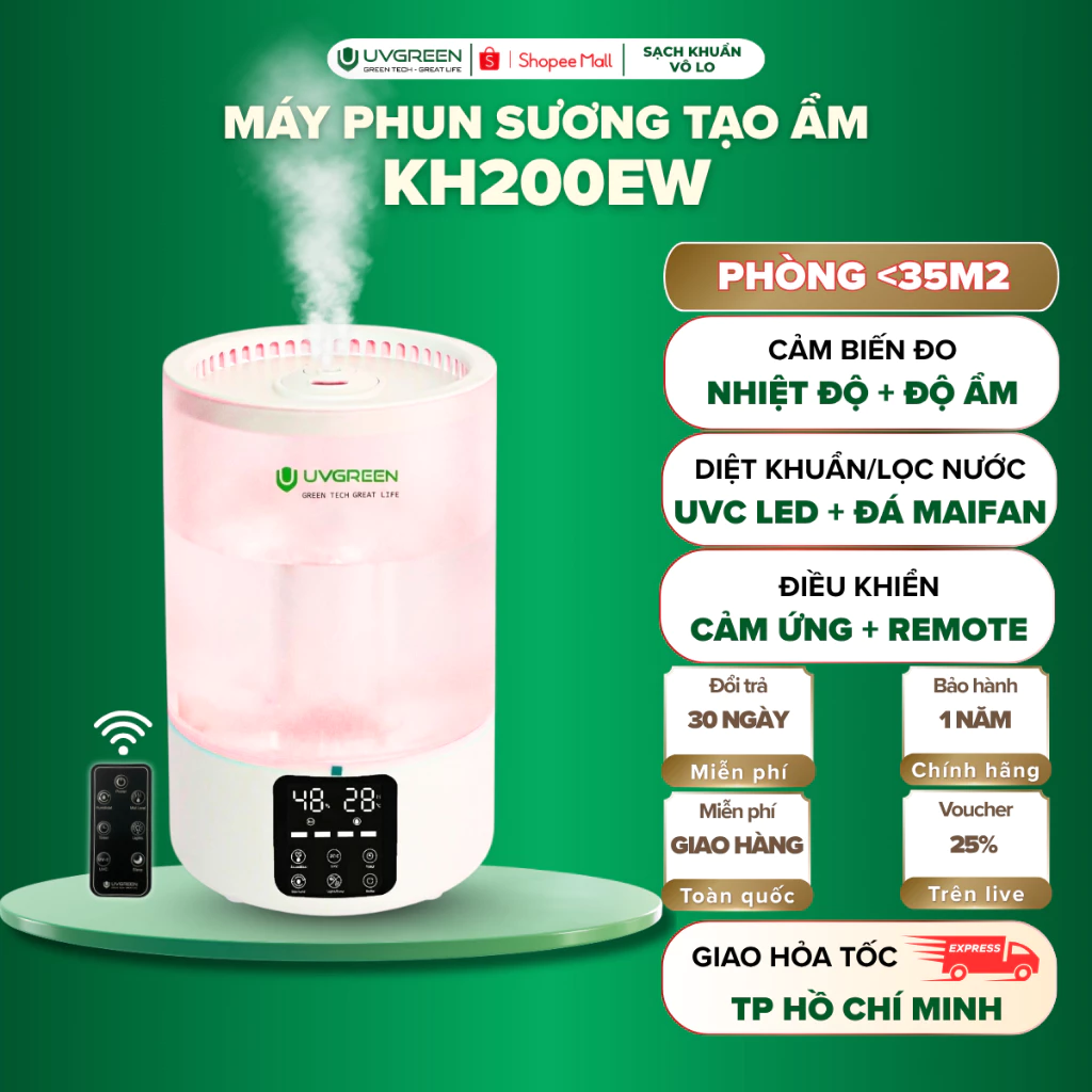[VHL] Máy Phun Sương Tạo Ẩm UVGREEN KH200 5 Lít, UVC Diệt Khuẩn, Tạo Sương Siêu Mịn, Xông Tinh Dầu