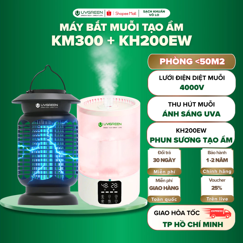 Combo Máy Phun Sương Tạo Ẩm Bắt Muỗi UVGREEN KH200EW & KM300, UVA Thu Hút Muỗi, Phun Sương Siêu Mịn