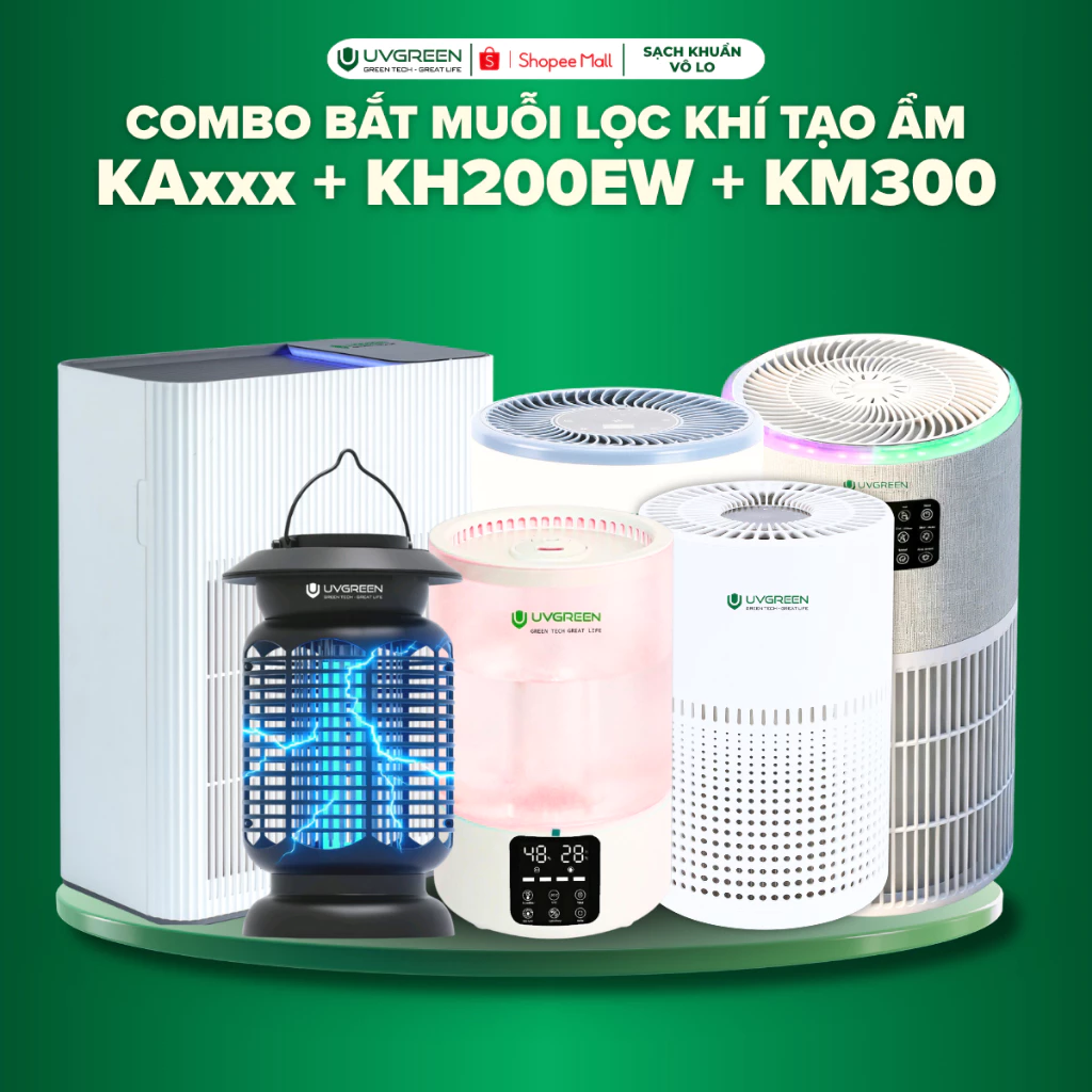 Combo Máy Lọc Không Khí Tạo Ẩm Bắt Muỗi UVGREEN KAxxx, KH200, KM300, Lọc Bụi Mịn, Bù Ẩm Không Gian