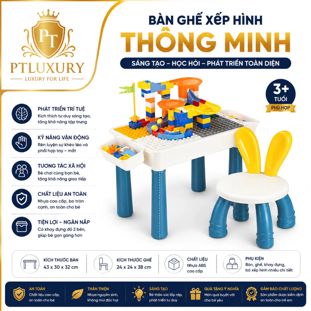 Bàn Ghế Xếp Hình Thông Minh Cho Bé Tặng 70 Chi Tiết Lắp Ráp Đồ Chơi Cho Bé Dễ Dàng Sử Dụng - PTLUXURY