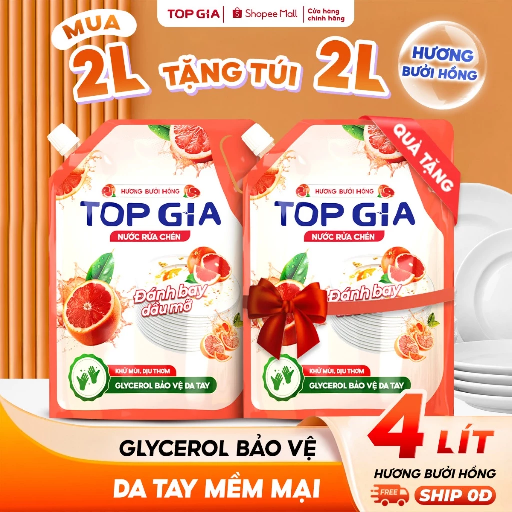 [MUA 2 TẶNG 2] Nước Rửa Chén Bát TopGia Hương Bưởi & Gừng Thiên Nhiên, An Toàn Da Tay, Túi 2L