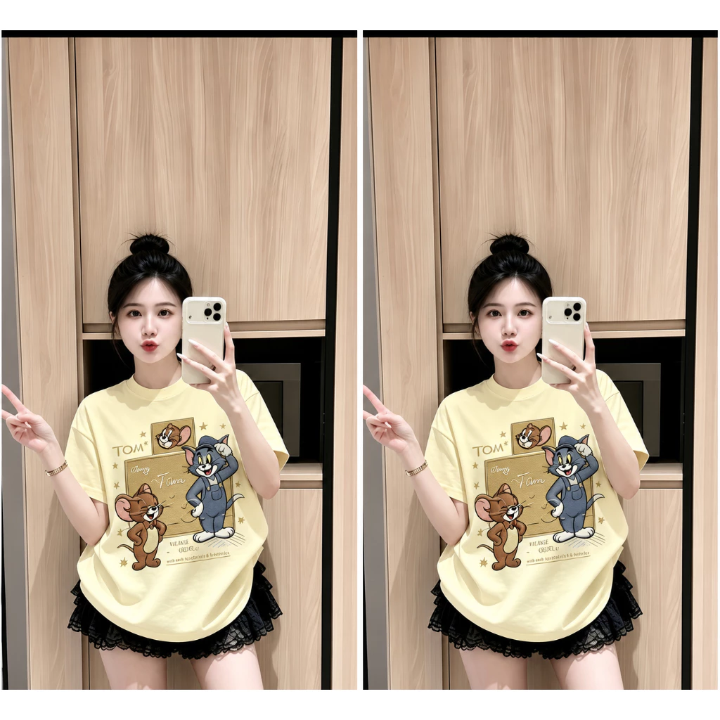 Áo phông nữ from rộng in nổi hình TOM and JELLY siêu CUTE. Áo thun nữ chất cotton cao cấp