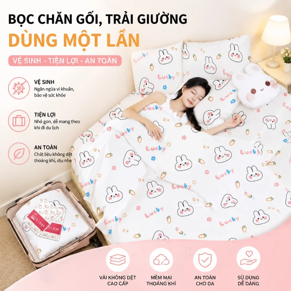 Bọc Chăn Ga Gối Dùng 1 Lần Trải Giường Khách Sạn, Homestay Khi Đi Du Lịch Tiện Lợi