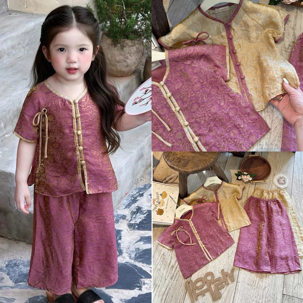 Bộ bà ba cho bé gái sz 10-35kg chất lụa óng kim sa cao cấp, bộ đồ trung thu cho bé gái