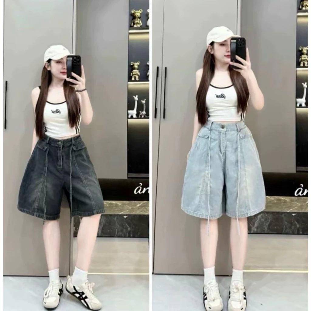 M295 Quần jeans lửng ống suông rộng mặc hách dáng, Cạp khoá trước sau chun kèm dây thắt nơ dễ mặc và thoải mái