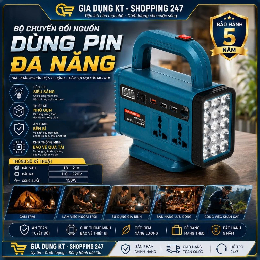 Bộ Chuyển Đổi Nguồn Điện Đa Năng Dùng Pin Phổ Thông, Đa Dạng Ổ Cắm, Có Đèn Led Tiện Dụng, Thiết Kế Nhỏ Gọn Tiện Lợi