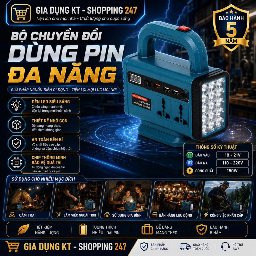 Bộ Chuyển Đổi Nguồn Điện Đa Năng Công Suất Lớn 150W, Dùng Pin Phổ Thông, Có Đèn Led Tiện Dụng, Thiết Kế Nhỏ Gọn Tiện Lợi