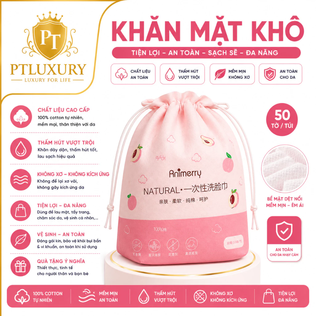 Khăn Mặt Khô PTLUXURY Đa Năng Dùng 1 Lần Lau Khô Lau Ướt Dễ Dàng Sử Dụng