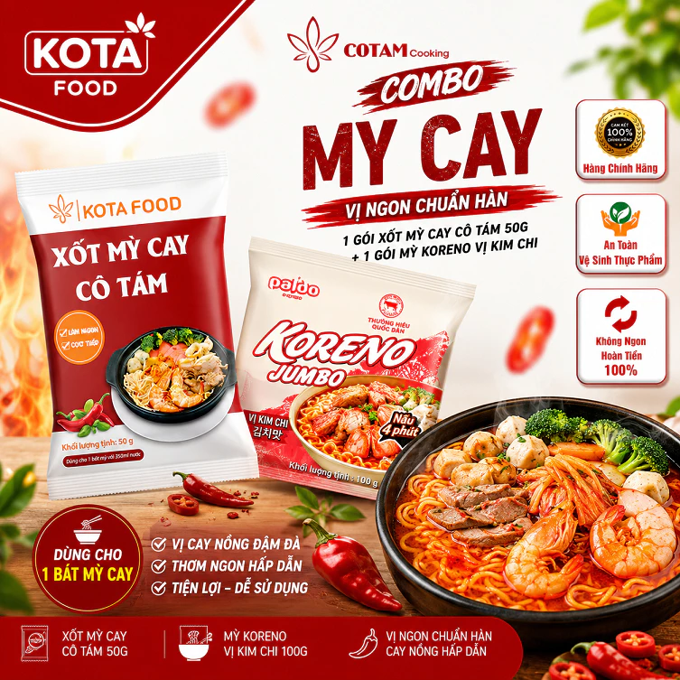 Combo Sốt Mỳ Cay Cô Tám (50g sốt mỳ + 1gói mỳ Koreno vị Kim chi)