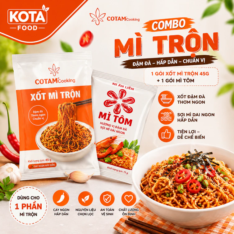 3 COMBO Mi Trộn (3 gói mỳ sợi dai 70g +  3 gói xốt mì trộn 50g đã tiệt trùng)