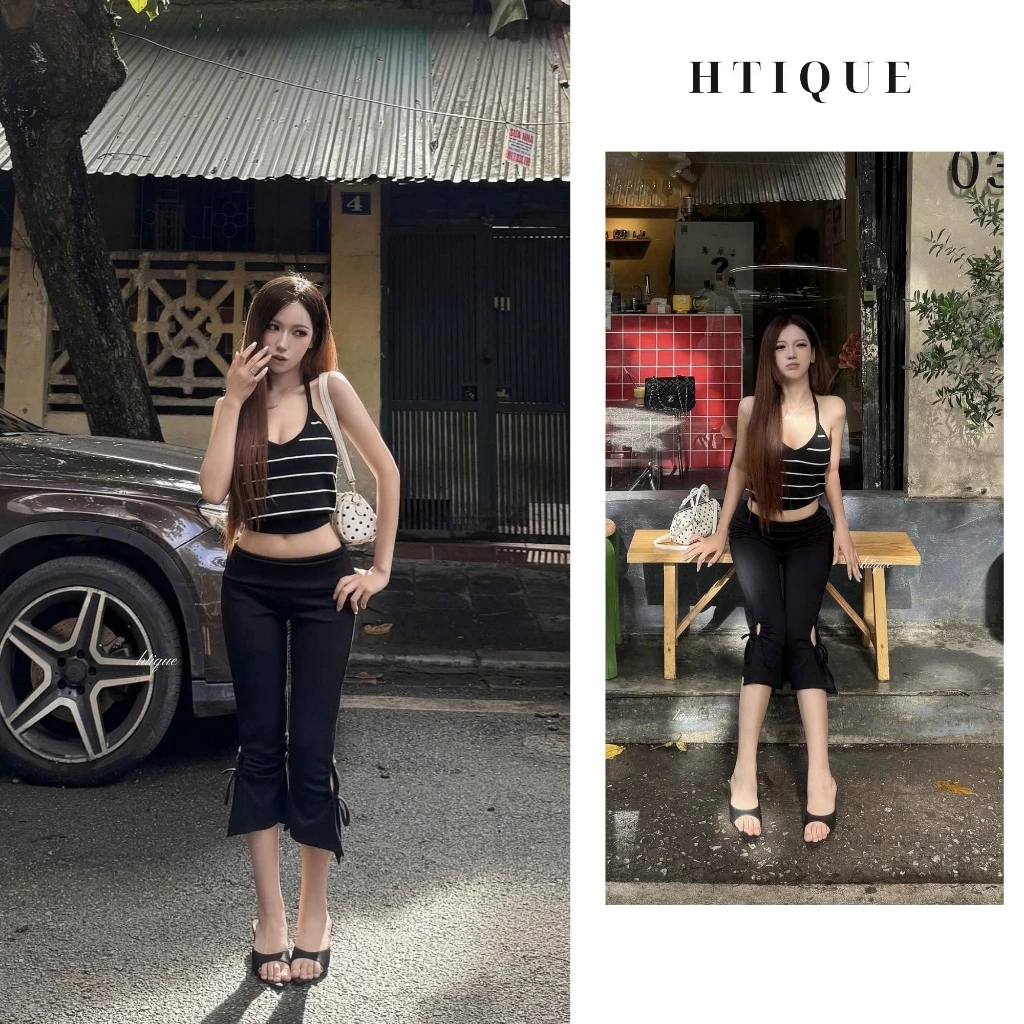 HTIQUE - DEAL mẫu mới Quần vải ngố loe nhẹ cá tính sang chảnh, Quần ngố loe phối dây buộc tạo điểm nhấn tôn dáng QB37