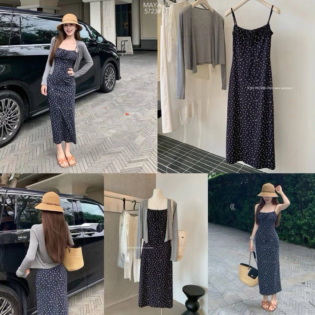 Set YJIA 5723 Váy 2 Dây Hoa Nhí Xanh Than Dài Kèm Cardigan Xám (Hàng sẵn Ship Hoả Tốc) Set Đầm Xinh Du Lịch 2026