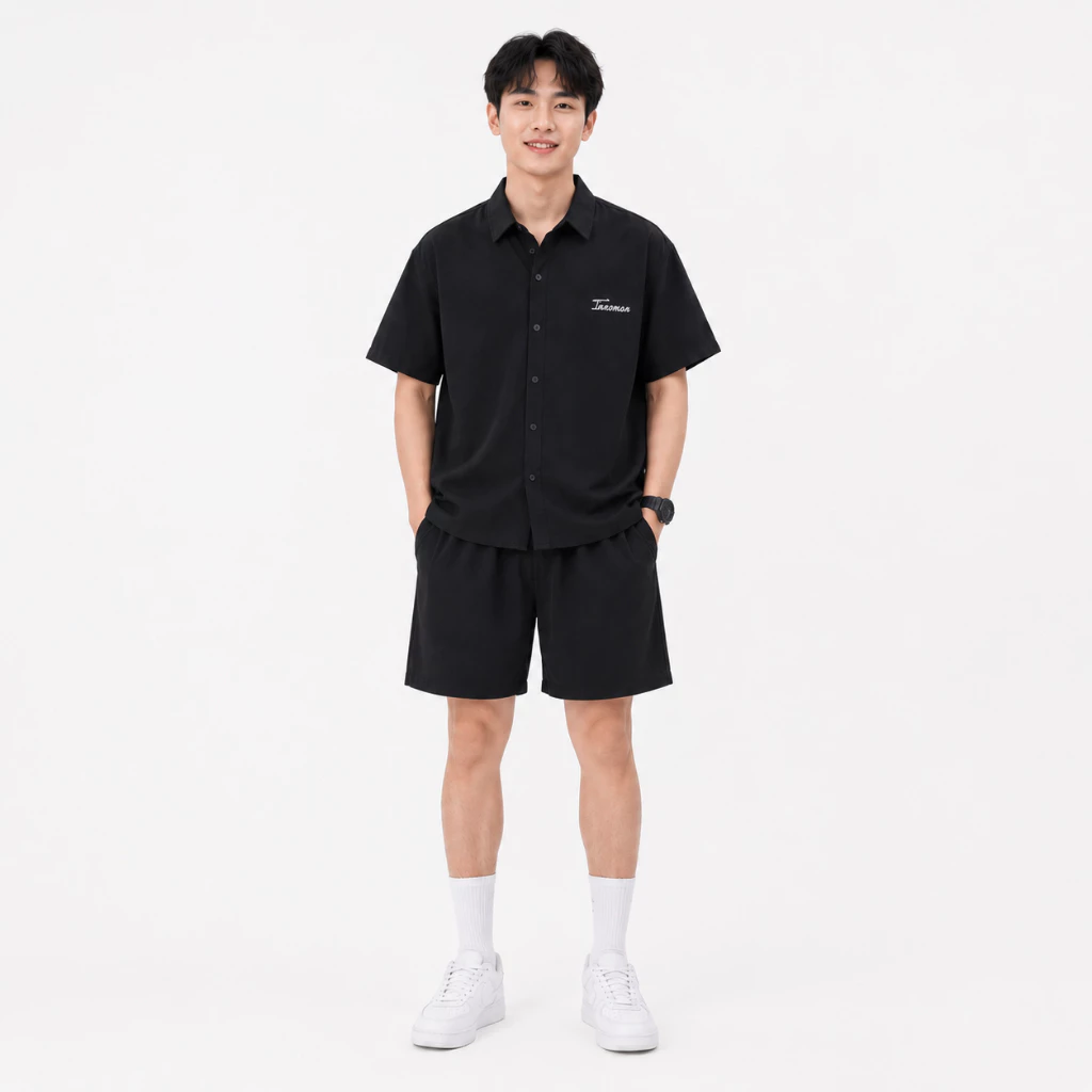 Bộ nam sơ mi + short đũi cao cấp màu kem, form rộng thoáng mát BHN94 - Áo Sơ Mi