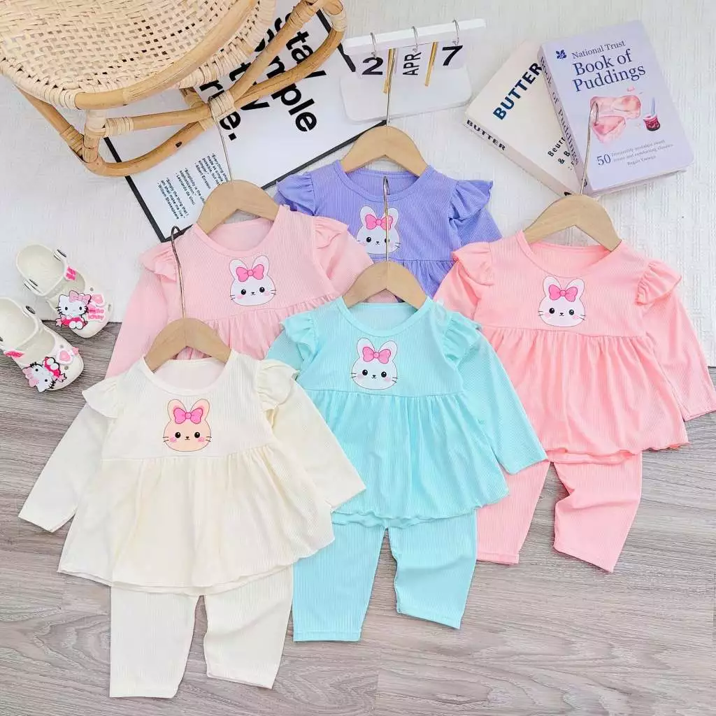Bộ dài babydoll cánh tiên tăm lạnh in hình THỎ NƠ cho bé gái