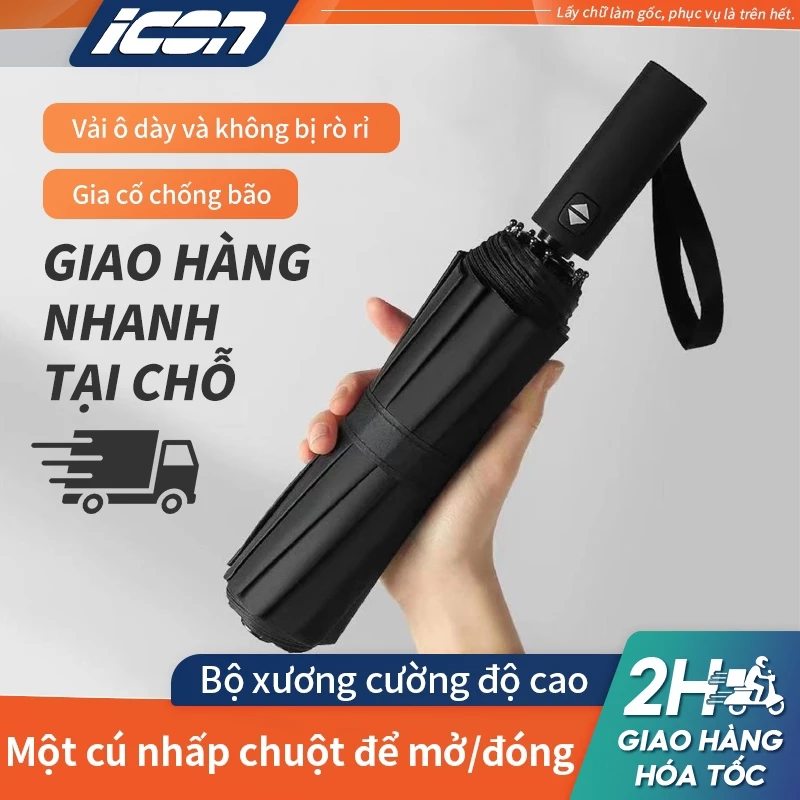 Ô Dù ICON Đen Cao Cấp - Chống Nắng 100% UV, Tự Động Mở/Gấp