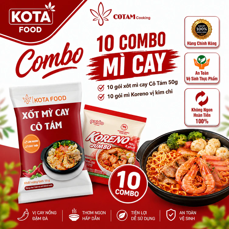 10 COMBO mỳ cay cô Tám (10 gói mỳ KORENO vị kim chi + 10 gói sốt)