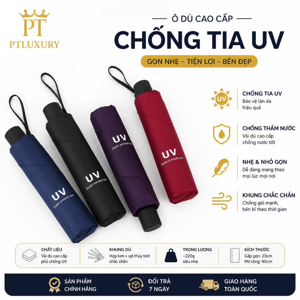 Ô dù PTLUXURY mở thủ công 8 nan che mưa che nắng phủ lớp chống tia UV [ HÀNG TỐT ]