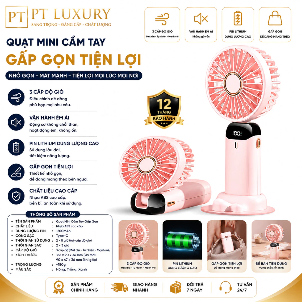 Quạt Cầm Tay Mini PTLUXURY Tích Điện ,5 Tốc Độ Gió Màn Hình LED Hiển Thị