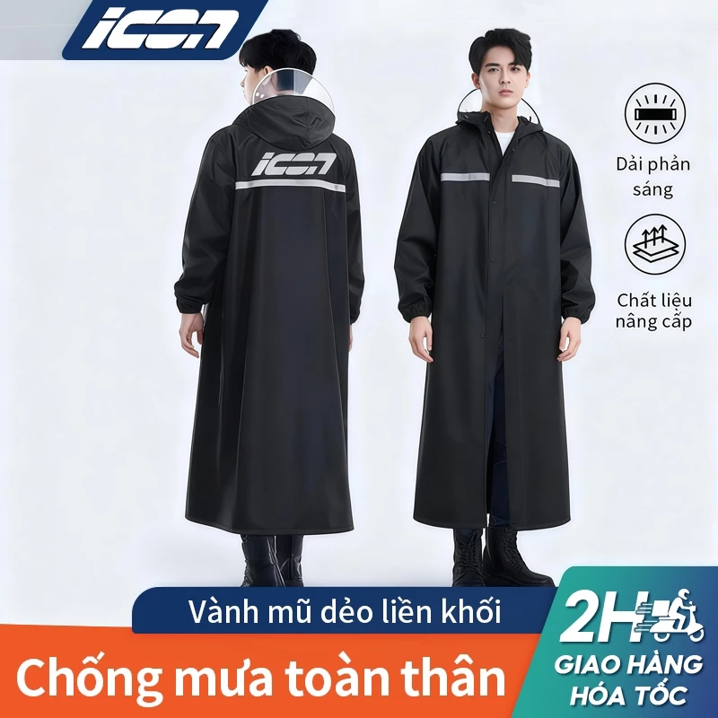 Áo Mưa Cao Cấp ICON - Chống Nước 3 Lớp, Chống Thấm & Phản Quang | mũ liền nhựa trong suốt