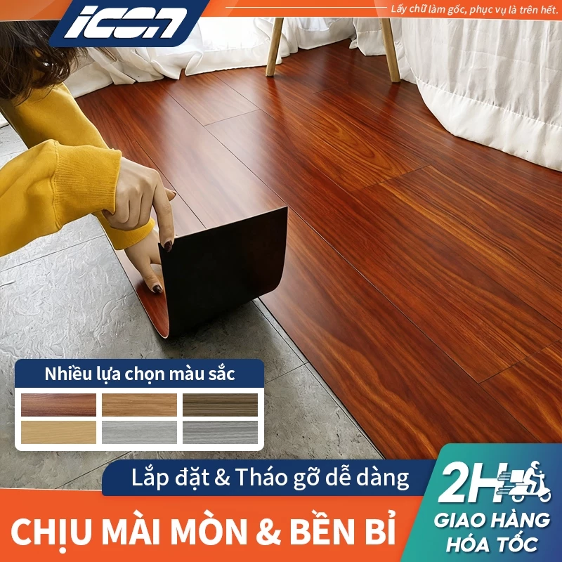 ICON Miếng nhựa lót sàn giả vân gỗ sang trọng, có keo sẵn dễ dán, miếng dán sàn nhà45,5x15,24 cm
