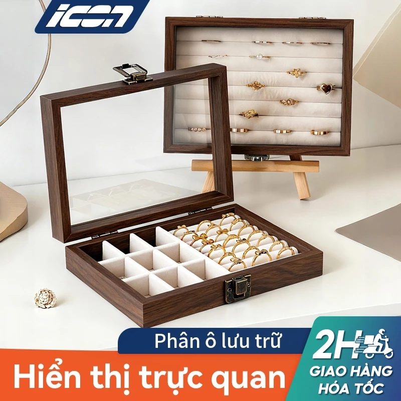 Hộp Trang Sức Gỗ Tự Nhiên ICON - Nắp Kính Trong Suốt, Phân Ô Lưu Trữ, Chống Bụi & Trưng Bày
