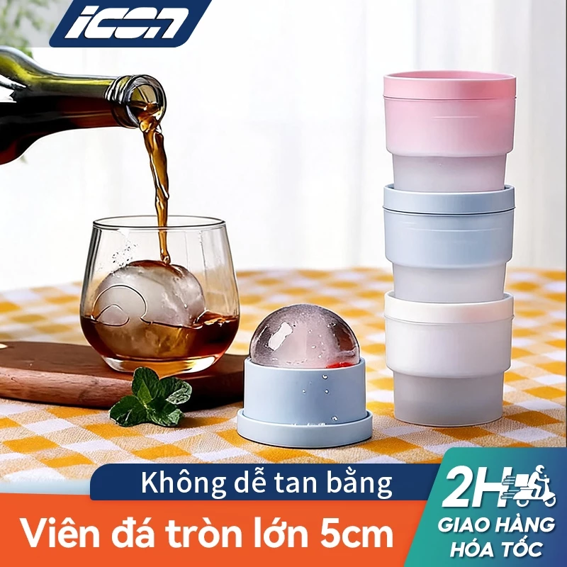 ICON Khuôn đá tròn lớn 5cm – Dễ lấy khuôn, giữ lạnh lâu, chất liệu PP & silicon, có thể xếp chồng, không mùi