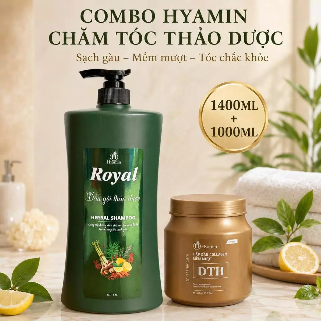 Bộ Sản Phẩm Hyamin Dầu Gội Thảo Dược 1400ML Sạch Gàu Và Kem Ủ Tóc Collagen Hyamin Mềm Mượt 1000ML