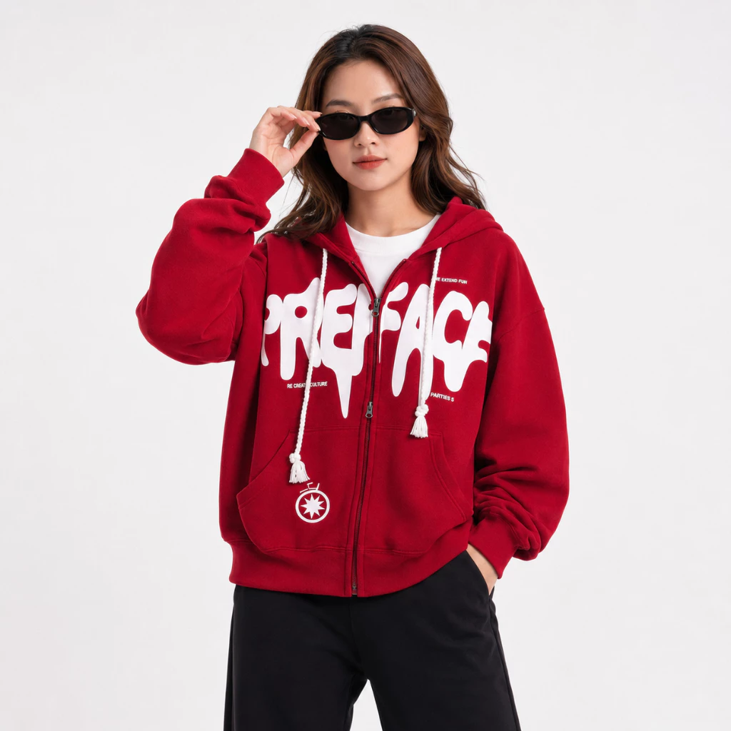 Áo Khoác Hoodie Zip Nữ Preface Tay Phồng Nón Rộng 2 Lớp Vải Nỉ Chính Dày Dặn Chống Nắng - FAGU